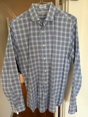 Express Men’s Light Blue and Navy Plaid Button-Up Shirt